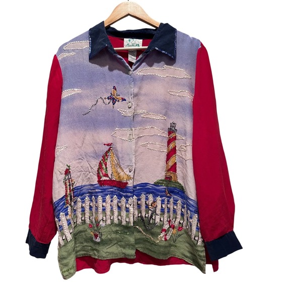 The Quacker Factory Tops - Vintage‎ Quacker Factory Red Sequin Lighthouse 100% Silk Button Up Shirt Large